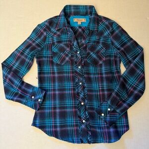 Decree long sleeve Teal & Purple Plaid Shirt with western style Sz-L. CC9